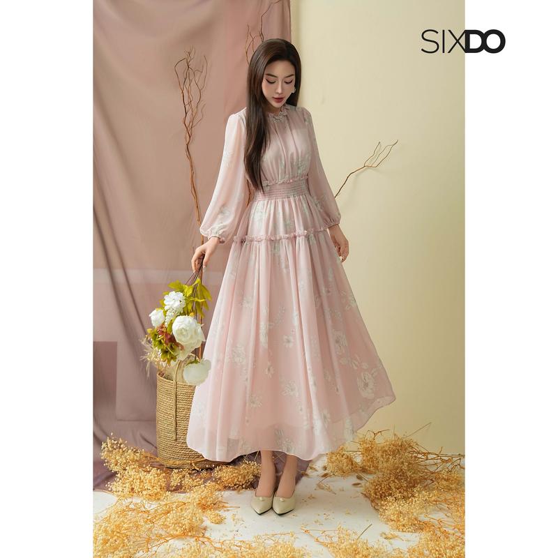 Đầm chiffon tay bồng eo chun họa tiết SIXDO Chiffon Flared Dress