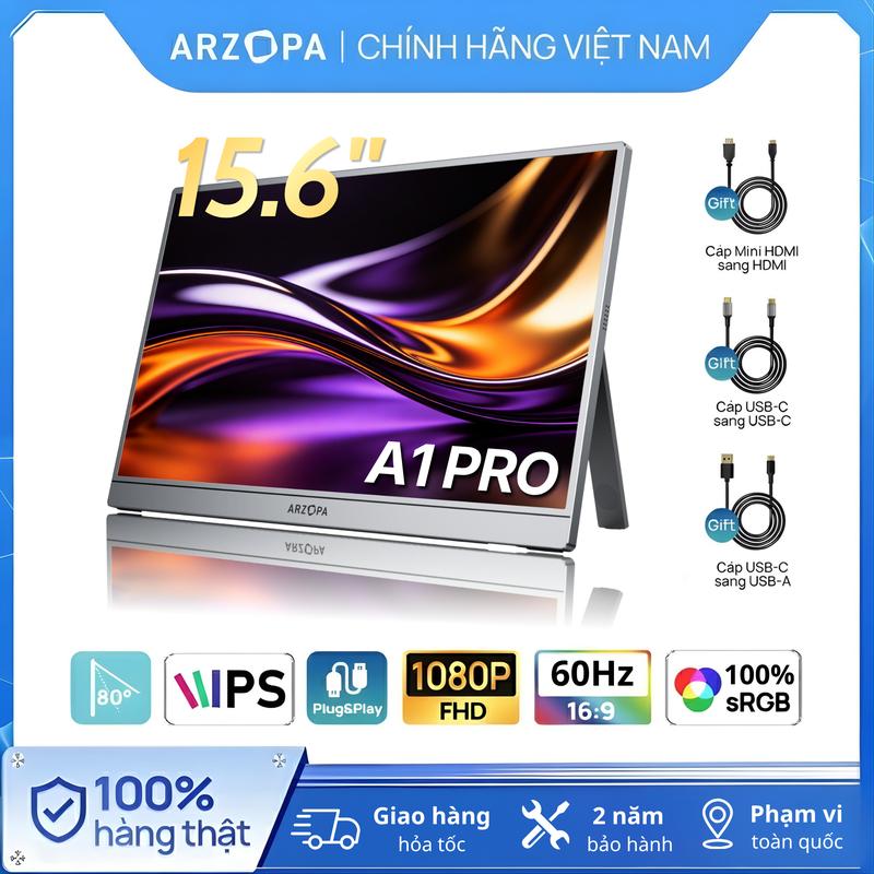 Màn hình di động ARZOPA A1 Pro 15,6'' 60Hz FHD 1080P IPS có chân đế | Cho Laptop, Điện thoại, PC, MAC, XBOX, PS