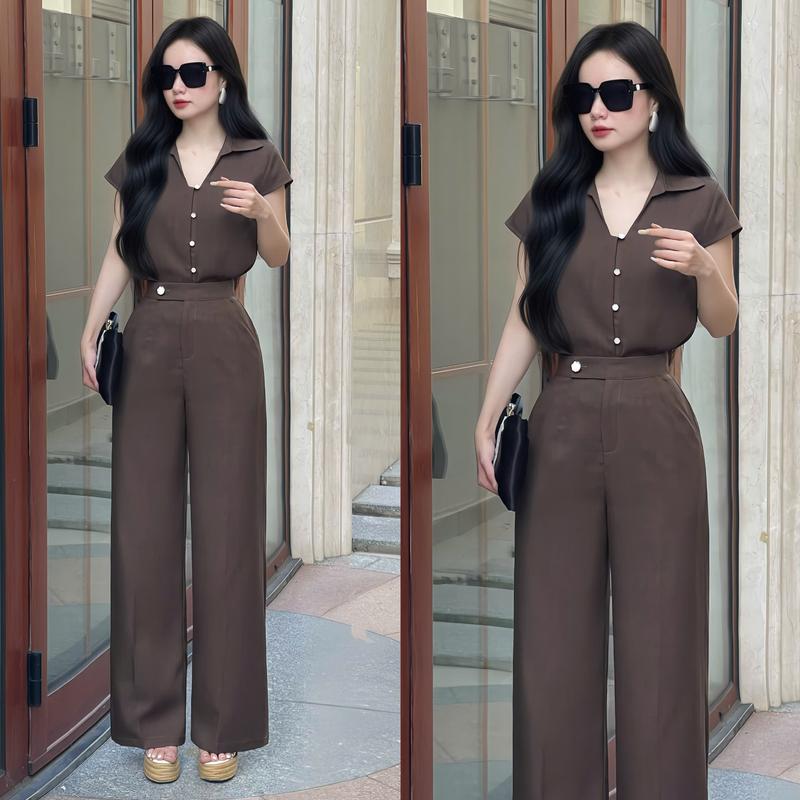 [DEAL MỞ BÁN] Set bộ nữ thiết kế EMME T3216 [QUẦN DÀI 103CM] 2 món gồm áo sơ mi tay ngắn phối quần tây dáng suông cách điệu top set - THANH TỰ