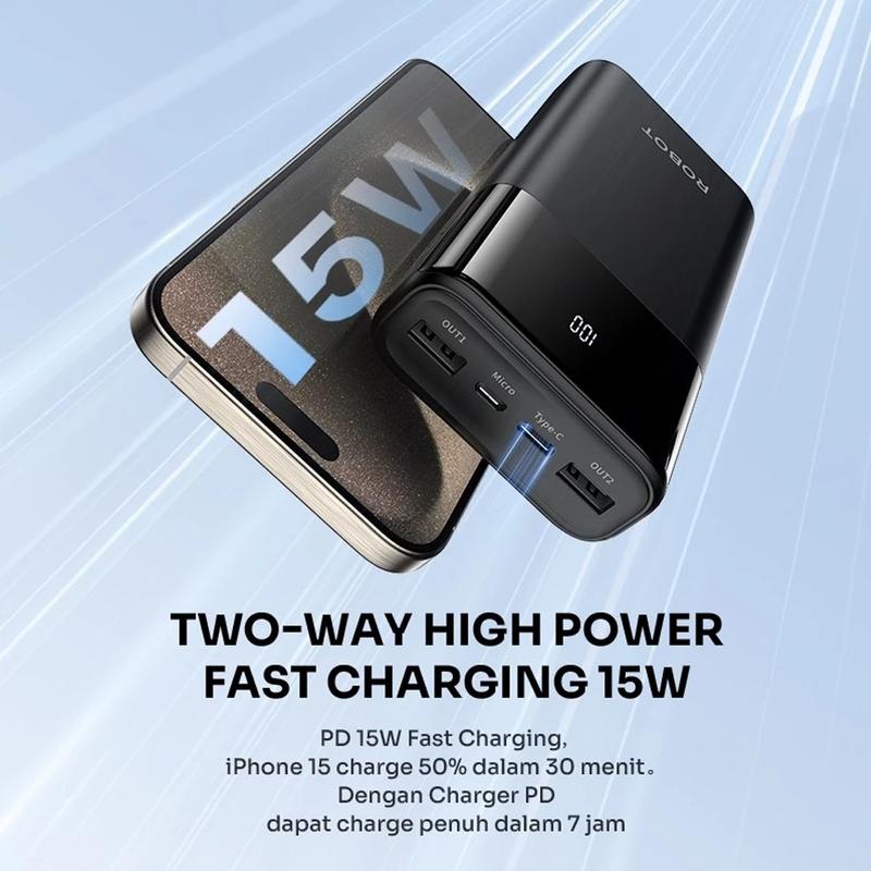 PowerBank ROBOT 10000mah RT190S 2A Dual Input and Output Port Type C & Micro USB Original Fast Charging Real Capacity 3