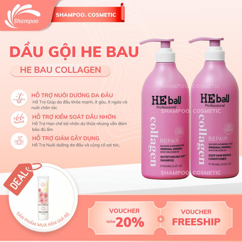 Dầu gội xả collagen  HE BAU Hồng 1000Ml mượt tóc hương nước hoa thơm lâu, kiềm dầu, Giảm rụng tóc Chính hãng