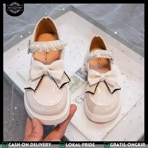 DM KIDS - Sepatu Docmart Anak Perempuan Model Loafers Variasi Pita Hiasan Manik Lucu Sepatu Formal Anak AS 205