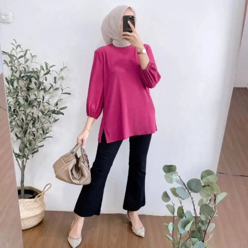HANOVER BLOUSE LENGAN PANJANG TANGAN KARET BELAH SAMPING BAHAN KNIT PREMIUM 4