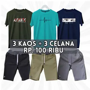 PAKET SETELAN 3 KAOS + 3 CELANA CHINO PENDEK POLOS SABLON PRIA REMAJA DEWASA SEMI KATUN
