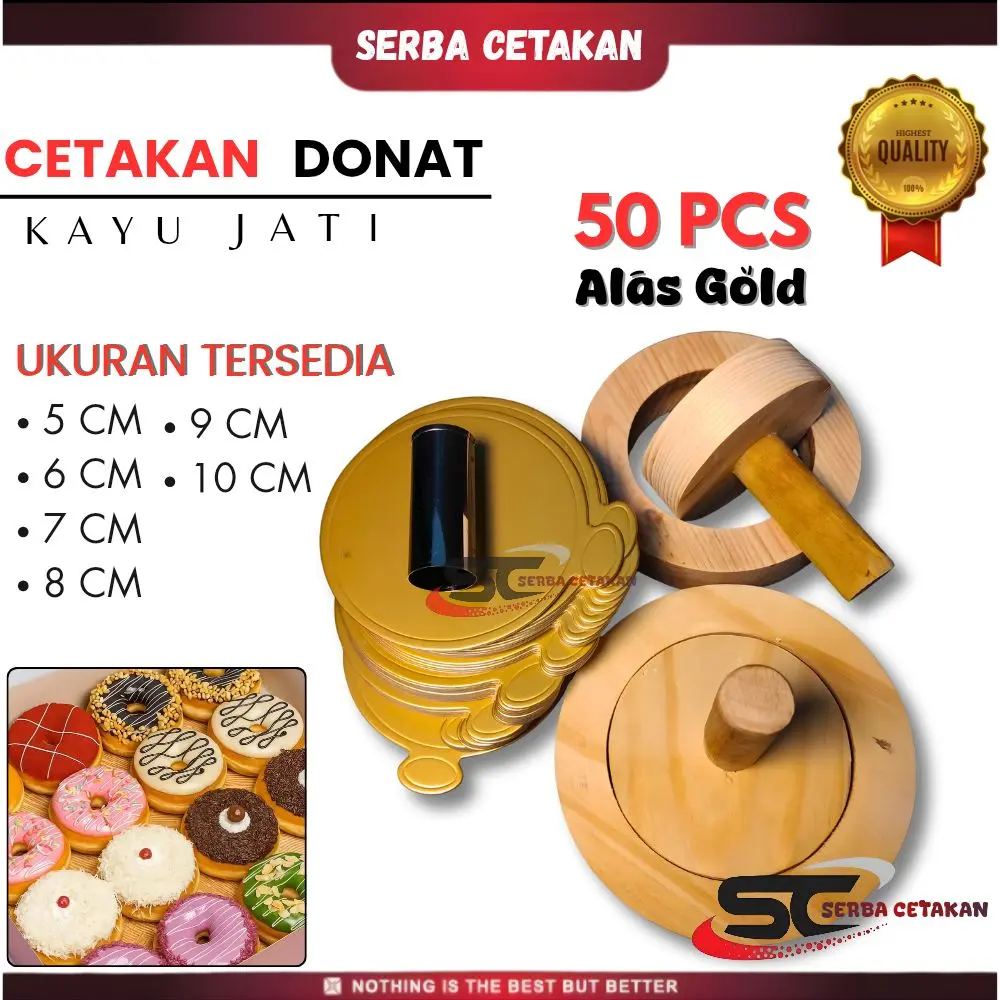 1Set Paket Cetakan Donat Kayu + 50Pcs alas donat Gold + Pembolong stainless  Diameter 5cm - 10cm food grade kitchenware
