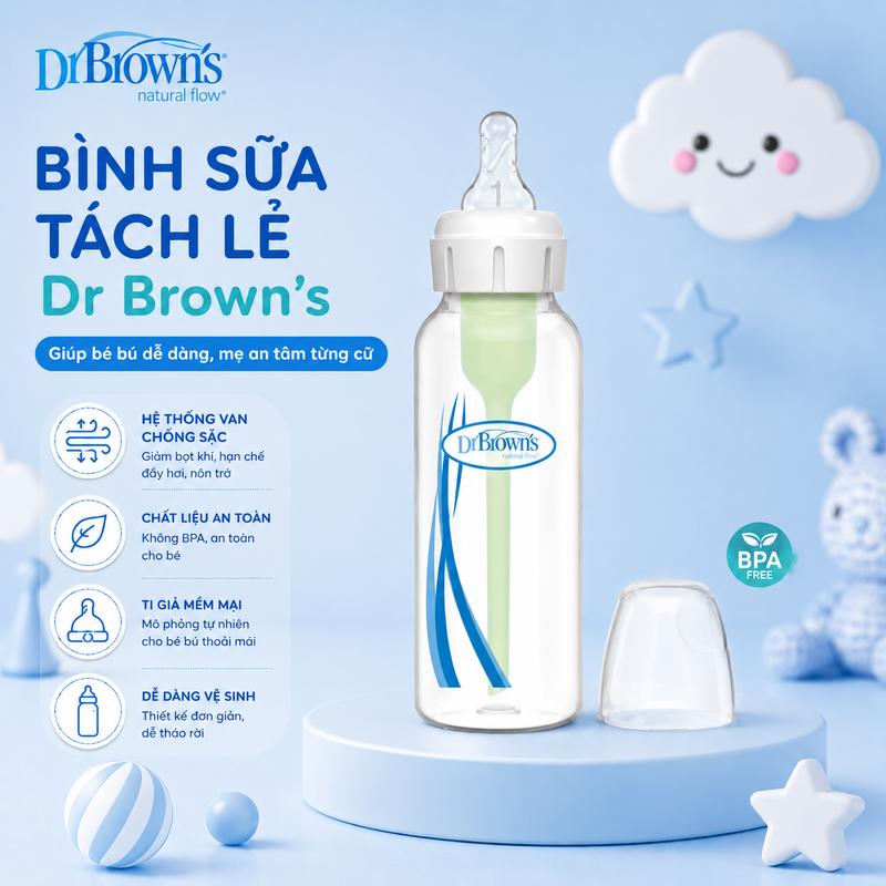 [Tách Lẻ Không Hộp] Dr.Brown's Bình Sữa Cổ Hẹp Nhựa PP 250ml  Cho Bé 0-3 Tháng - Hệ Thống Van Chống Sặc - An Toàn Không BPA