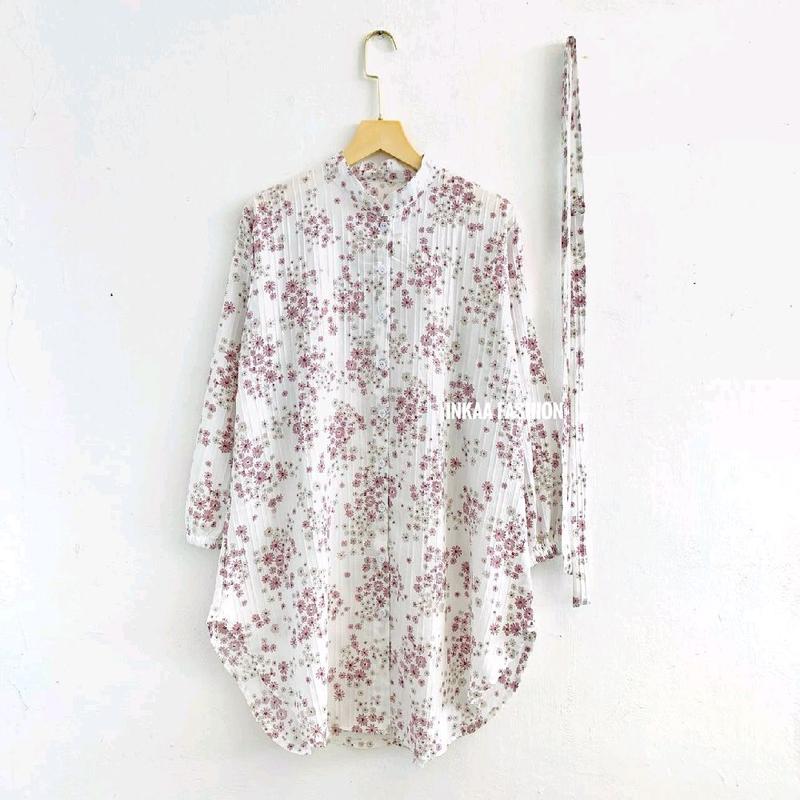Tunik Lebaran Motif Muslim Panjang Busui ukuran Oversize Pakai Kancing Wanita Dress Etnik Bunga 6