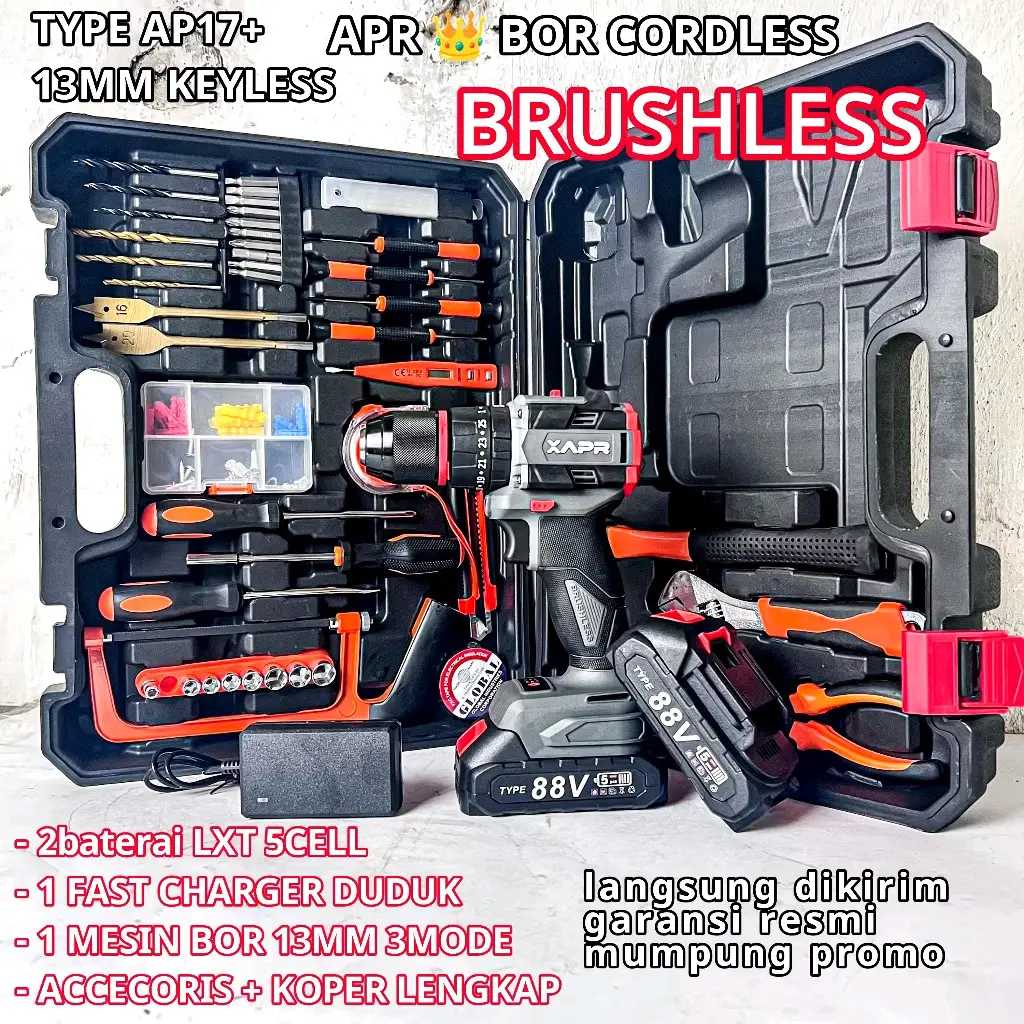 PROMO! APR AP17+ BOR CORDLESS 88Vf 13mm brusless keyless chuck auto lock bor besi kayu tembok  garansi resmi 3thn
