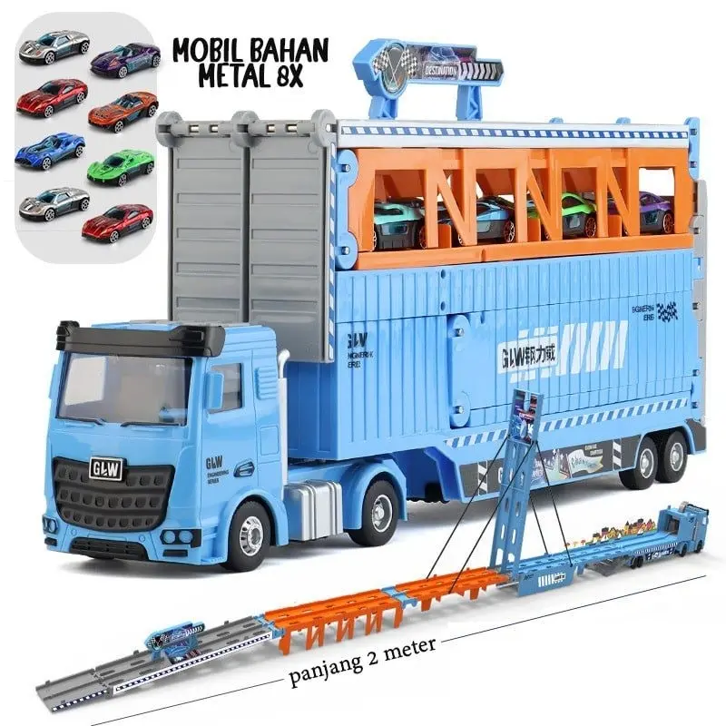[capt] Mainan Anak Kendaraan Mainan Mobil Truk Container Deformasi Rel Balap Mobil - Container Car Catapult 7