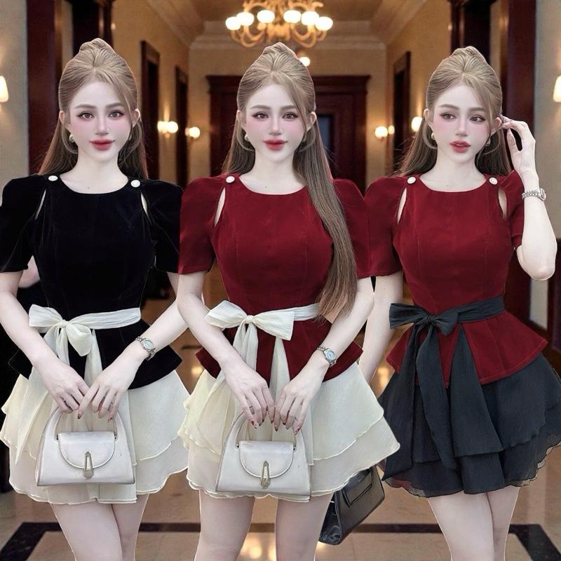 Set áo váy CRAZYTEEN S6635 gồm áo kiểu peplum và chân váy để đi chơi Áo kiểu nữ Chân váy Dây cột Set đồ nữ đẹp