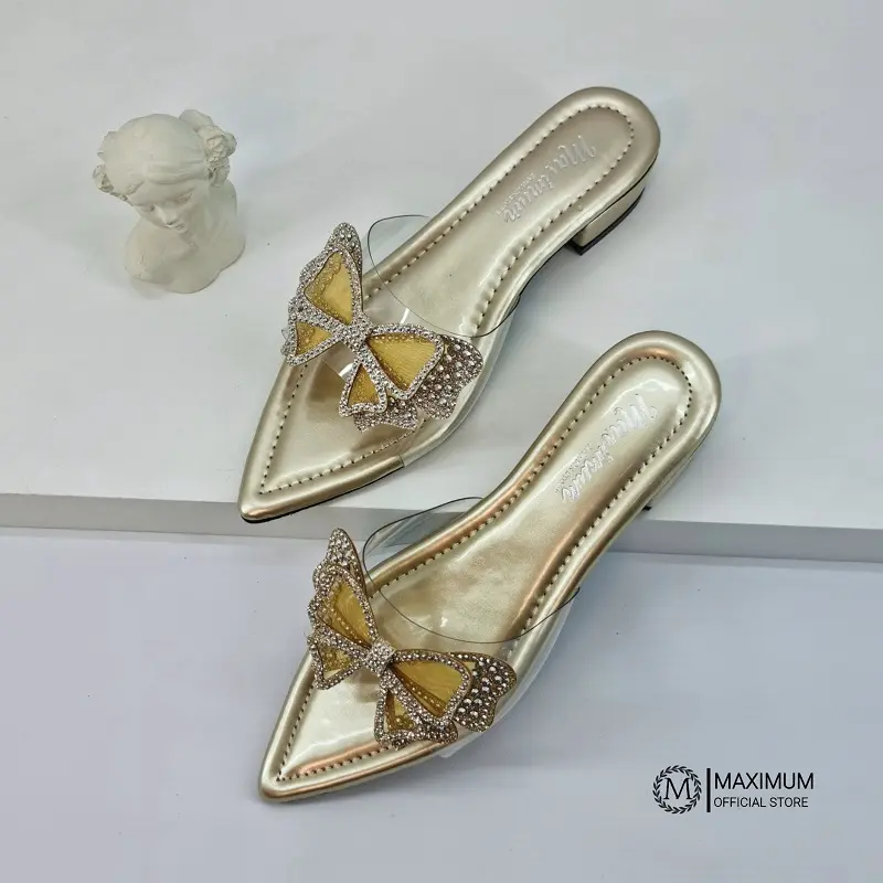 Maximum - Sandria Sandal Flat Hak 3cm Wanita Ujung Lancip Sandal Premium heels runcing Hitam Karet Pesta Shoes 3