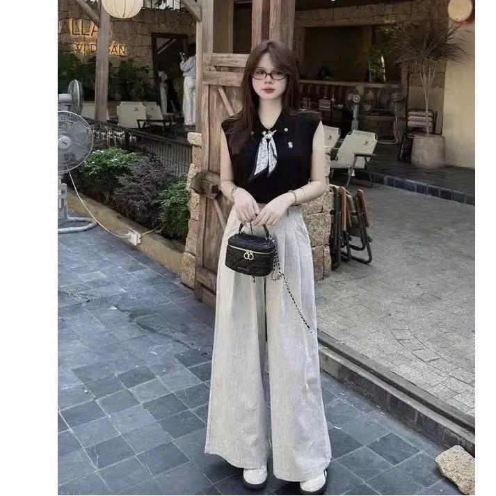 ( Mở Bán - Tặng Khăn) Set Áo Len Cổ Bẻ Tay Hến Thêu Nổi Phối Quần Xuông Dài Linen Xước Màu Xám -by Hp