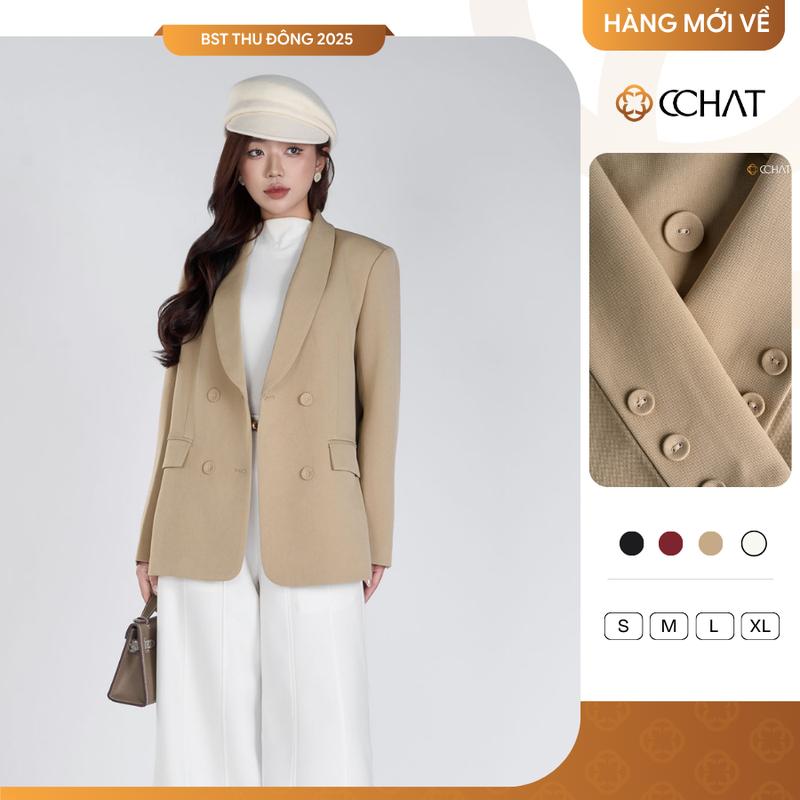 BST THU ĐÔNG Áo Blazer Nữ CCHAT Hinry Dáng Suông Cổ Liền 2 Hàng Khuy Có Đệm Vai Chất Tuytsi 25EHS9001ST