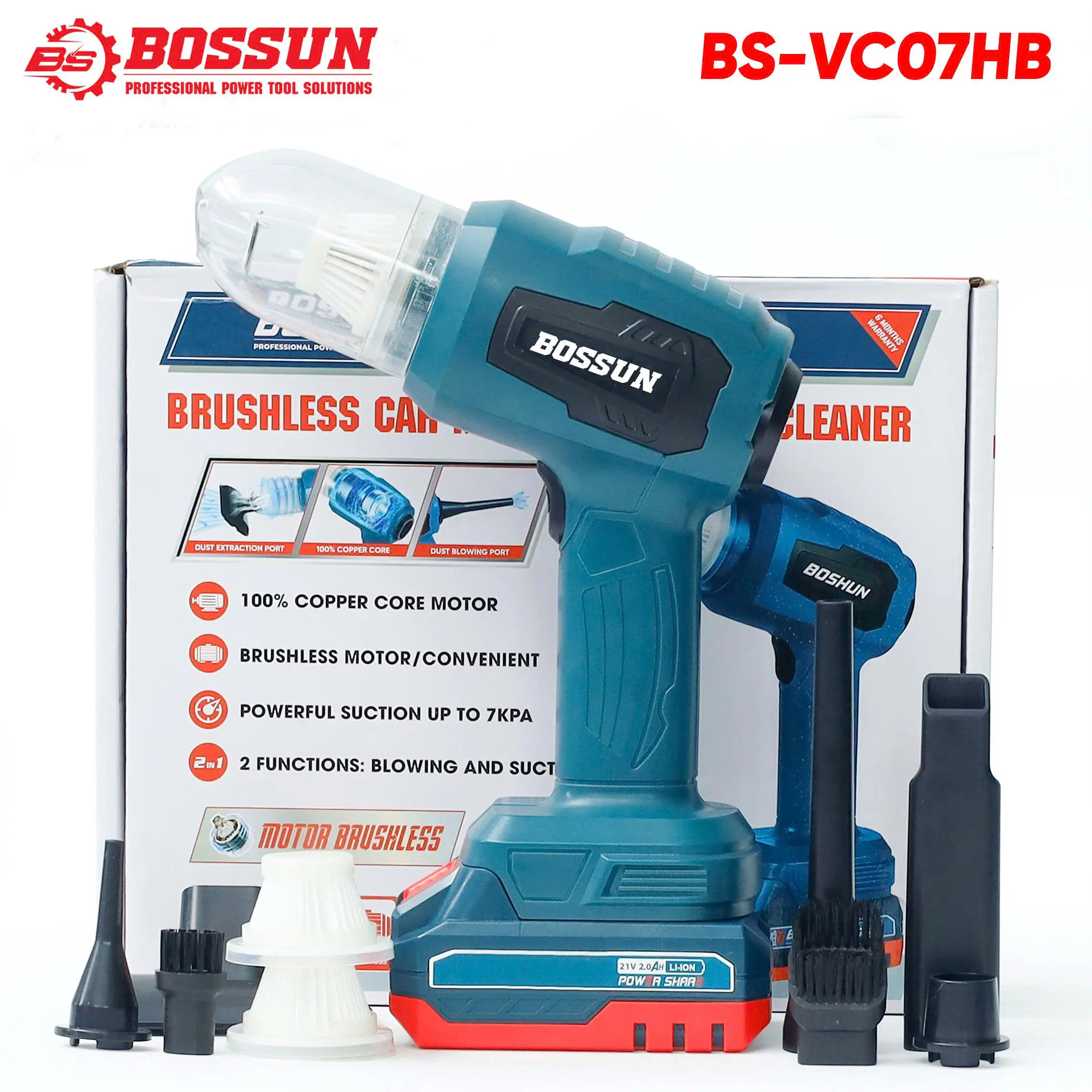 Máy Thổi Hút Bụi Ô Tô Bossun - BS-VC07HB - 2 In 1 Vừa Thổi, Vừa Hút - Lực Hút 7KPA - Động Cơ Mạnh Mẽ, Bền Bỉ - Chân Pin Phổ Thông - Bảo Hành Chính Hãng 6 Tháng