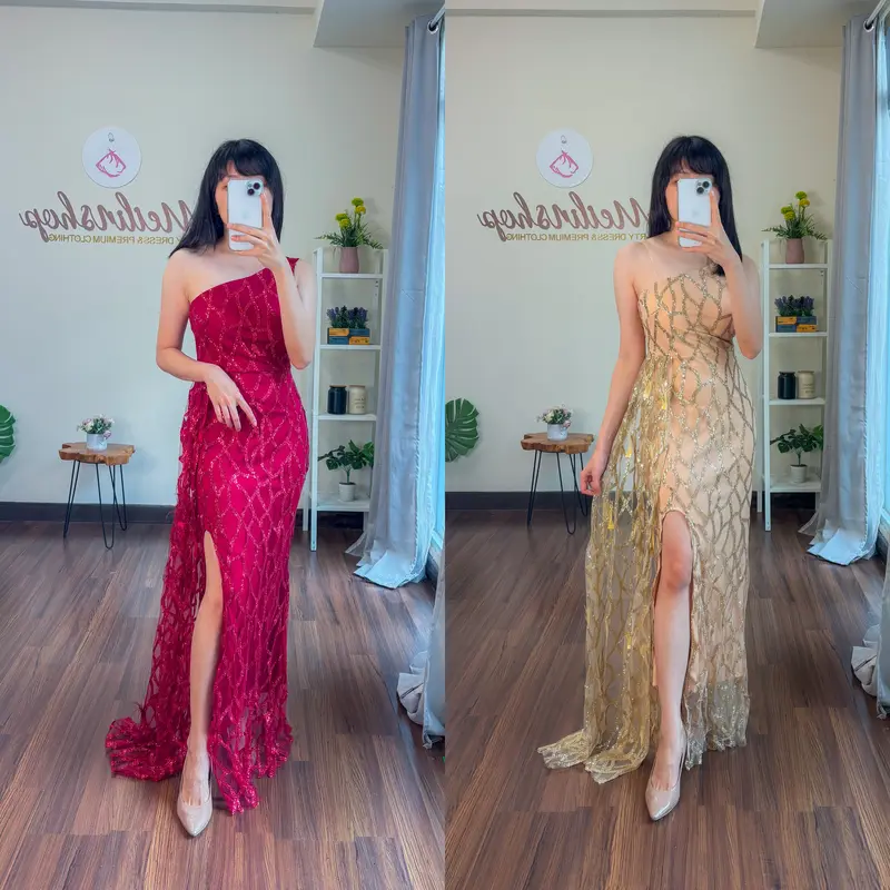 Lace Fur Glitter One Shoulder Dress Wanita Evening Formal 2
