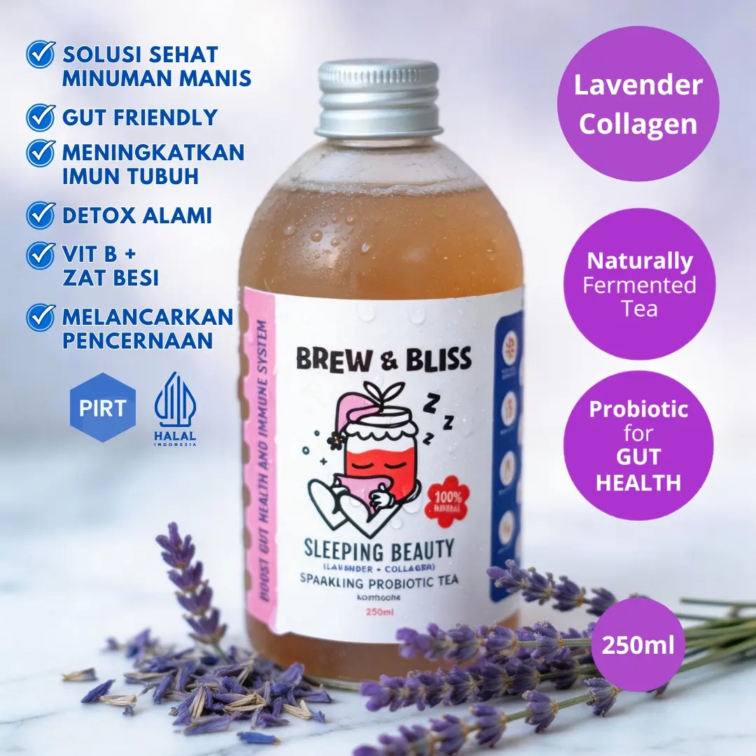 Kombucha Lavender Collagen (Sleeping Beauty) 250 ml - Teh Fermentasi Pencernaan Minuman Sehat Probiotik Detox Asam Manis Segar Asem