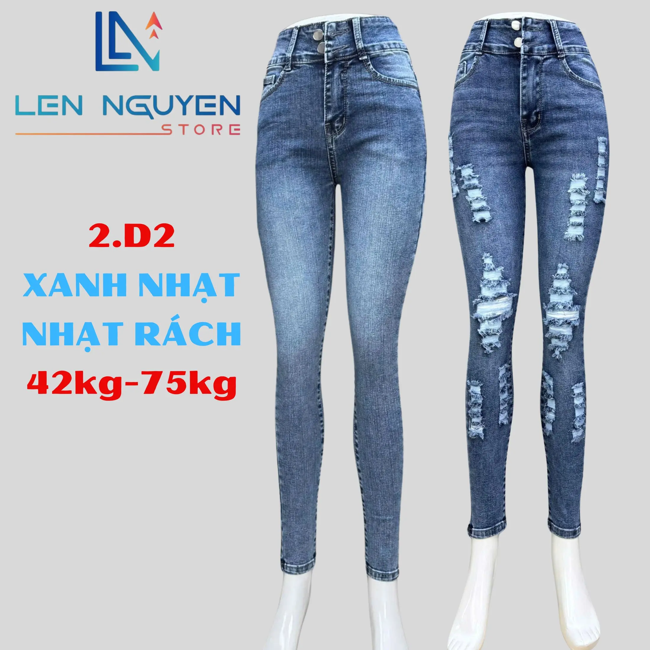2.D2 [ Lên Nguyễn Store ] Quần Jean (Bò) Nữ, Xanh, Lưng Cao 2 Nút, Dài 95-97cm, Size 42kg-75kg, Thiết Kế, Màu Xám, Ống Ôm, Co Giãn, Mền Mịn, Bigsize, Hotgirl, Mang Phong Cách Năng Động, Trẻ Trung, Tự Tin, Dễ Phối Đồ, Skinny. Women