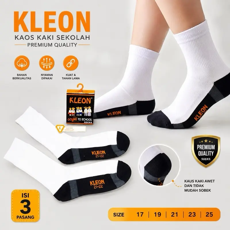 3 Pasang Kaos Kaki Kleon Anak Sekolah Premium Socks Fashion - TK SD SMP SMA - Bahan Cotton Spandex - Nyaman & Dirt Free