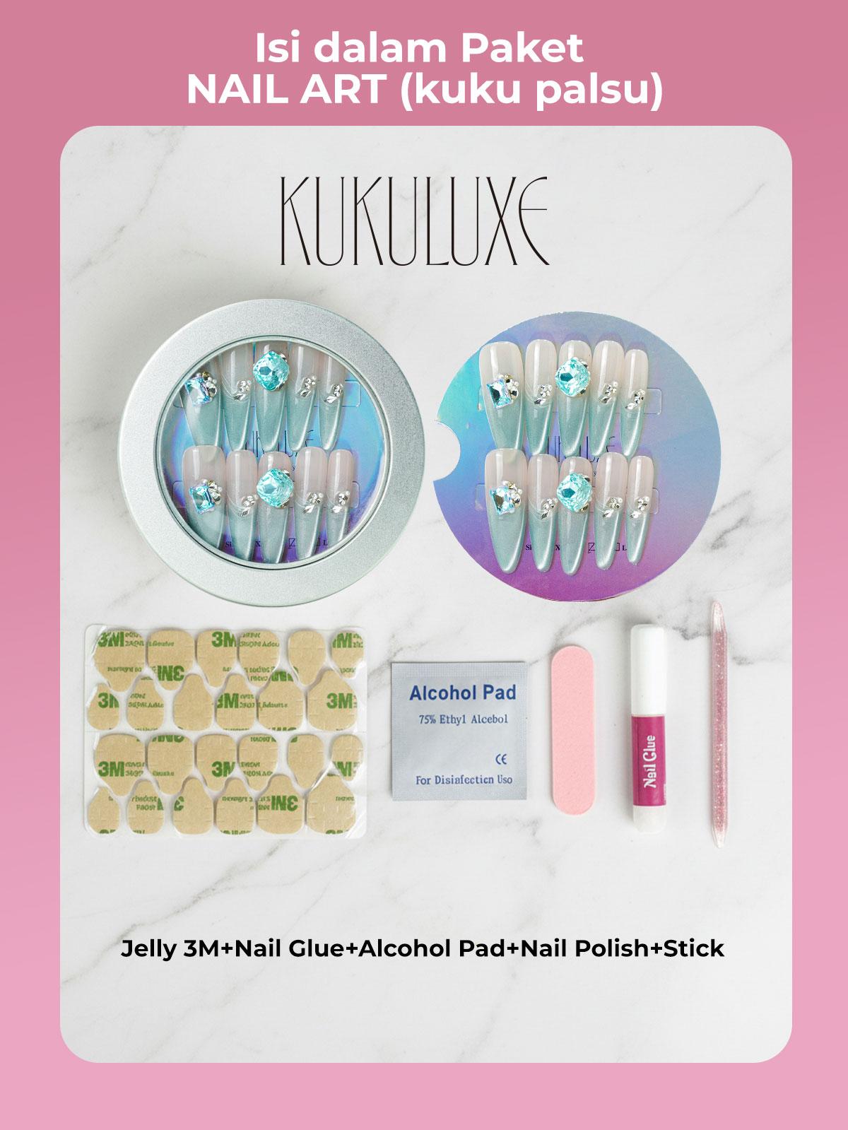 KUKULUXE 3D Nail Art – Press On Nails Premium 4 Varian ( Black Butterfly, Cool Black Mary, Falling Sakura Thoughts, Green Wave Greyhound )