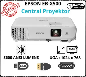 Epson Proyektor EB-X500 3LCD 3600 Lumens Resolusi XGA 1024x768 Kecerahan 3600 ANSI Lumens Garansi 1 Tahun Termasuk Tas Dus Kabel HDMI VGA Power Manual Book Kartu Garansi dan Remote
