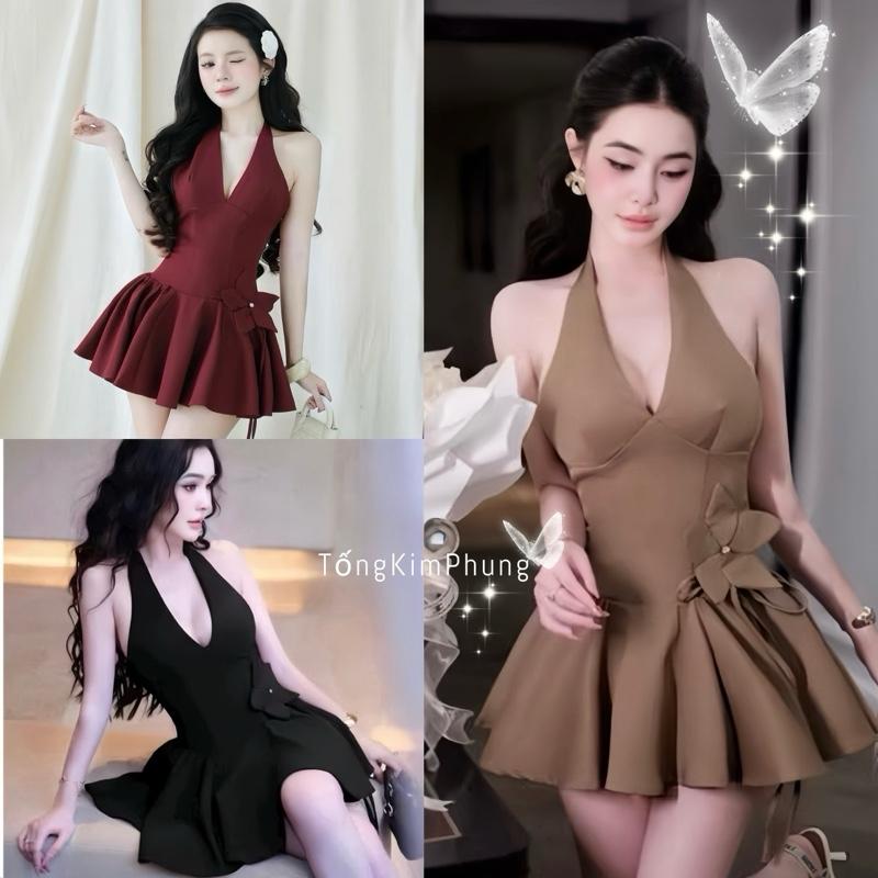 Đầm Dự Tiệc Cổ Yếm Phối Hoa Eo Dáng Xoè Sang Chảnh