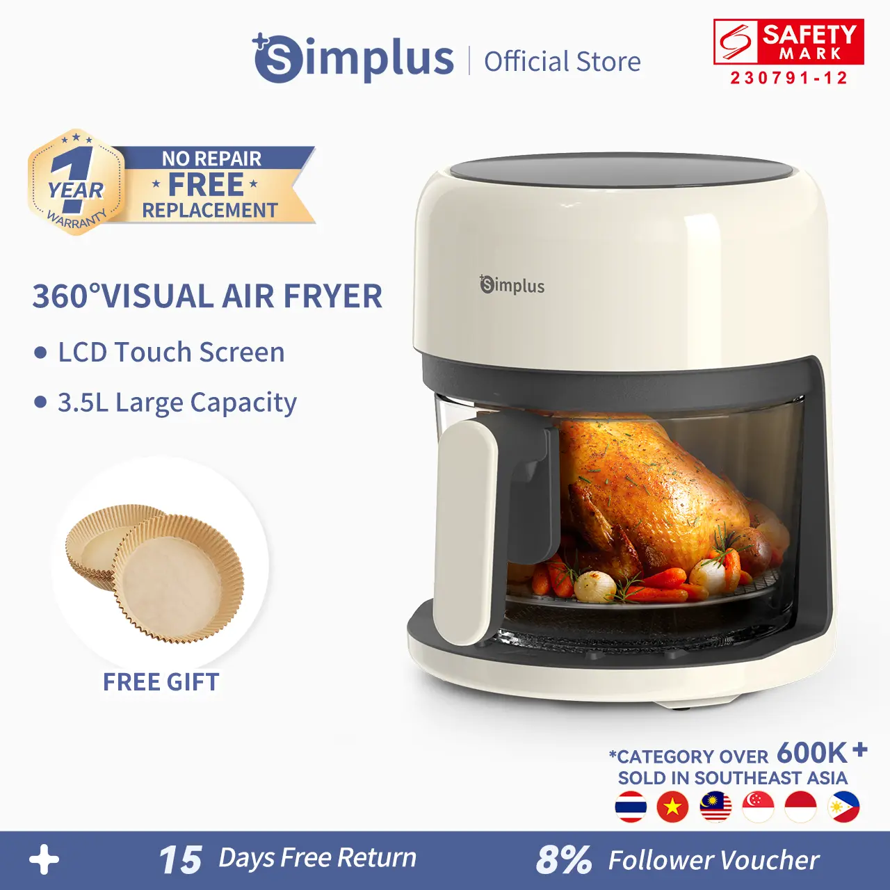 【NEW LAUNCH】Simplus Air Fryer 4.5L Glass Basket Digital Touch Screen LCD 1200W Multifunction