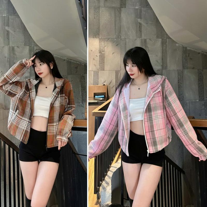  Áo khoác nữ form croptop CD2 kẻ sọc chất caro dạ cotton lót dù lụa xinh xắn dễ thương 