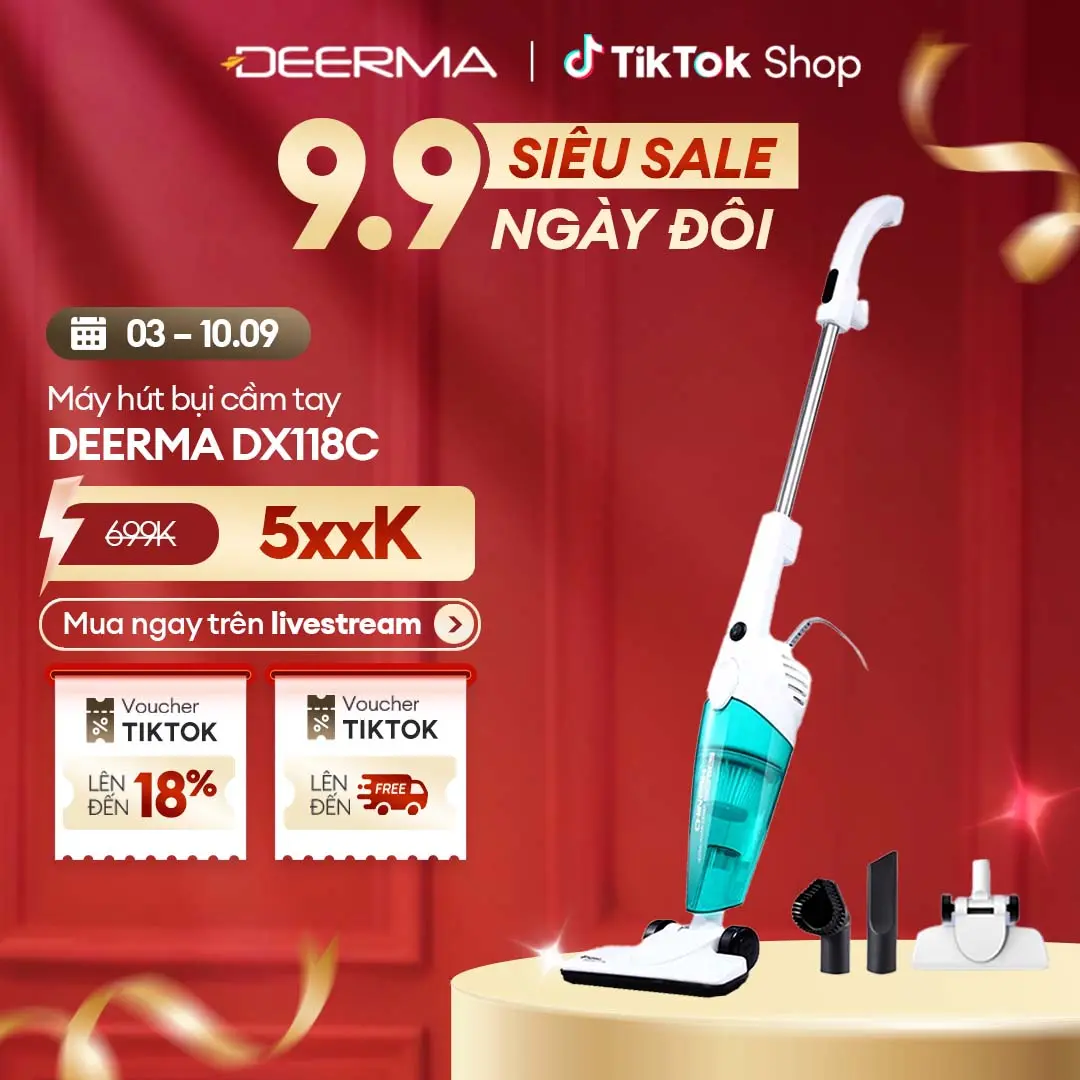 Máy hút bụi cầm tay Deerma DX118C kèm 3 đầu hút đa năng và 1 lõi lọc làm sạch - Bảo hành 12 tháng