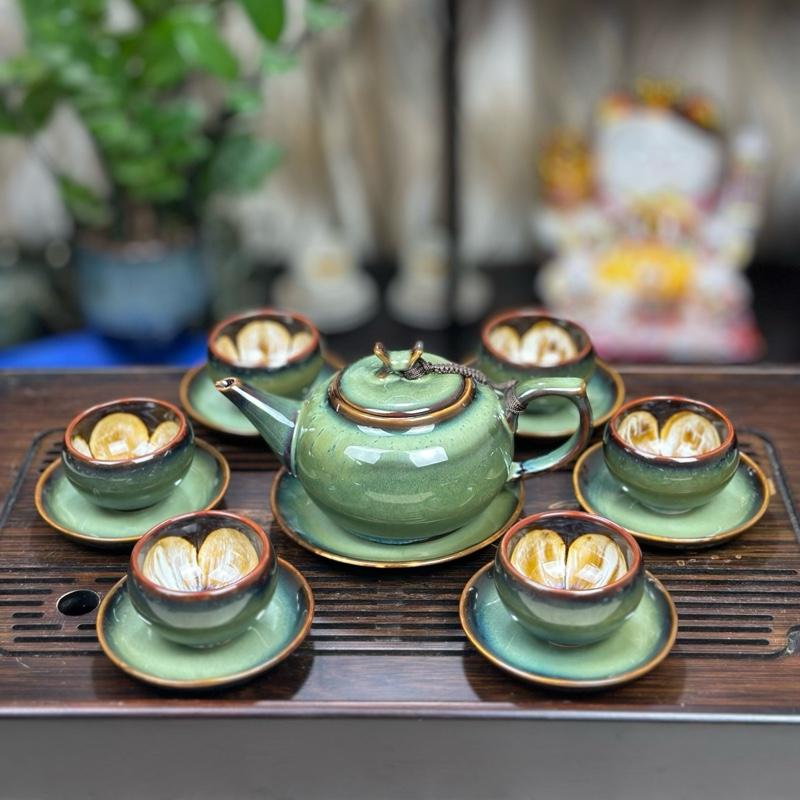  Bộ ấm chén Bát Tràng men Hỏa biến màu Xanh Thân Tre dáng ấm Thượng Tân Kiều và dáng ấm Quả Hồng 