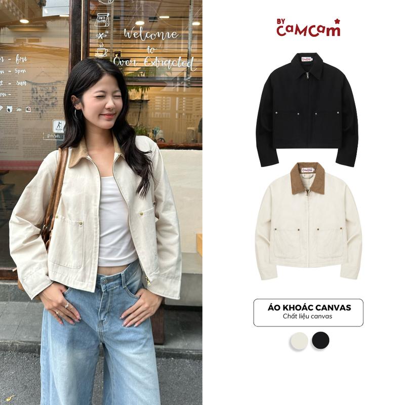 Áo Khoác Canvas Dáng Ngắn Áo Khoác Phối Cổ Nhung Tăm Basic Unisex Nam Nữ