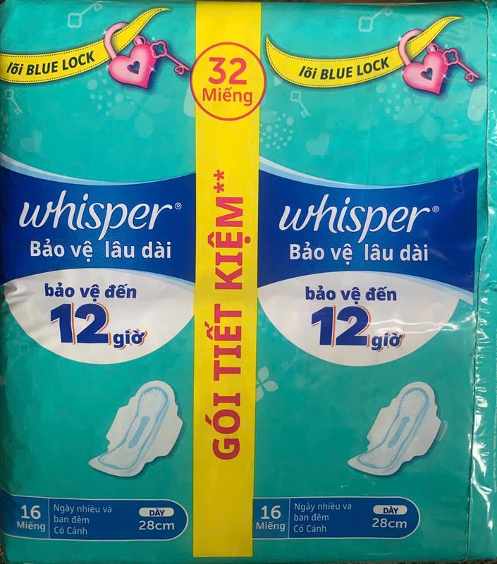 (28cm - 32 Miếng/Gói) - 1 Gói Băng Vệ Sinh Whisper 32 Miếng/Gói Có Cánh 28cm Ngày Nhiều Và ban Đêm - Date Mới