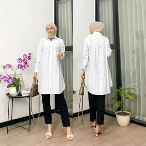 Tiana - Zeva Tunik Polo Linen Atasan Wanita Polo Linen Variasi Kancing Belakang Kemeja Blouse Muslim Panjang Casual Elegan Lengan Panjang Semua Musim