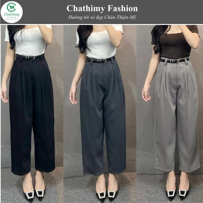 BIGSIZE 85KG Quần Baggy Công Sở Lưng Cạp Cao Dáng Thụng Chất Vải Gold Nhật Cao Cấp Kèm Đai Hàng Thiết Kế Cao Cấp Chathimy Nữ Women tây Kem Pants Nhung Lưng Cao Q01