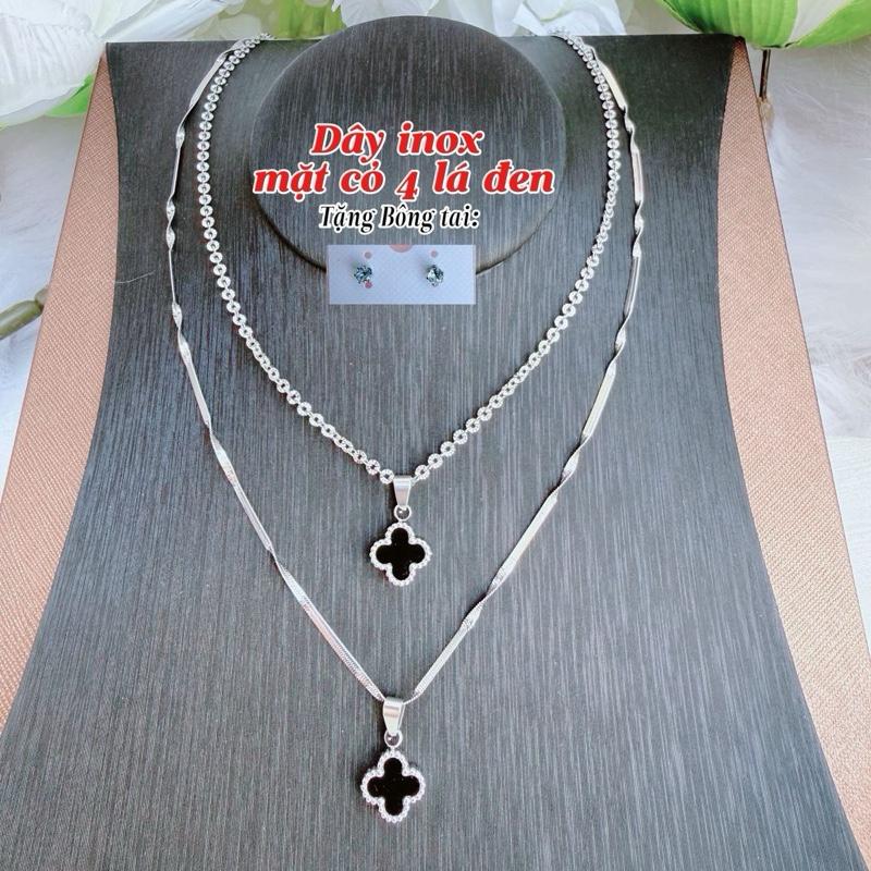 LIVE-Dây mix mặt cỏ 4 lá hoa đen Mimi. Chất liệu dây inox mặt cỏ 4 lá hoa đen biểu tượng may mắn. Độ dài dây 45 cm. Khoá tròn. Mặt cỏ 4 lá 1,5cm. KHUYẾN MÃI: tặng bông tai nụ đá 3 li