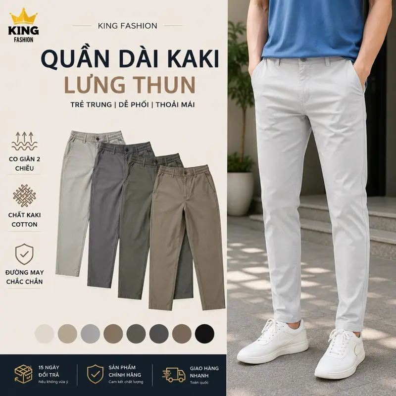 Quần Dài Kaki Nam KINGFASHION Lưng Thun Có Khóa Kéo Đồng, Vải Kaki Cao Cấp, Form Slim Fit, Đi Làm Đi Chơi KK-QDLT