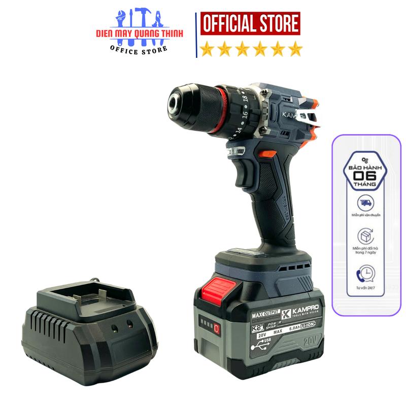  Máy Khoan Kampro K21Pro đầu kẹp 10li  đông cơ không chổi than  Kèm pin 15cell 6.0Ah Kampro Có cổng USB  Vỏ abs chống va đập 