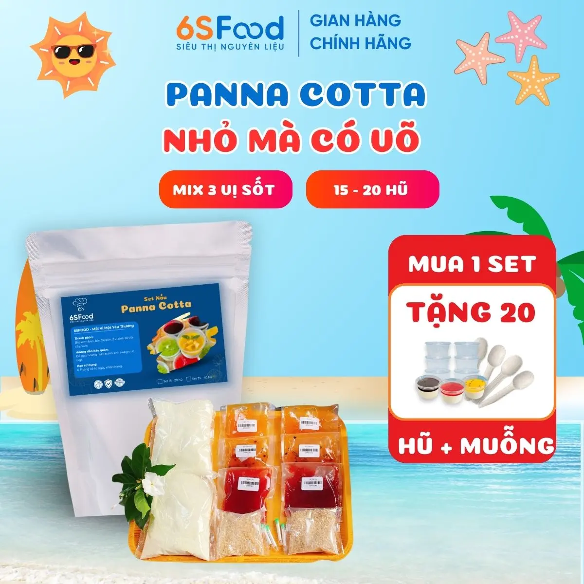 Set nguyên liệu Panna Cotta Nhỏ Mà Có Võ, thành phẩm 15-20 hũ 60ml mix 3 vị sốt Dâu Tây, Chanh leo, Xoài - 6SFOOD panna  cotta panna  cotta