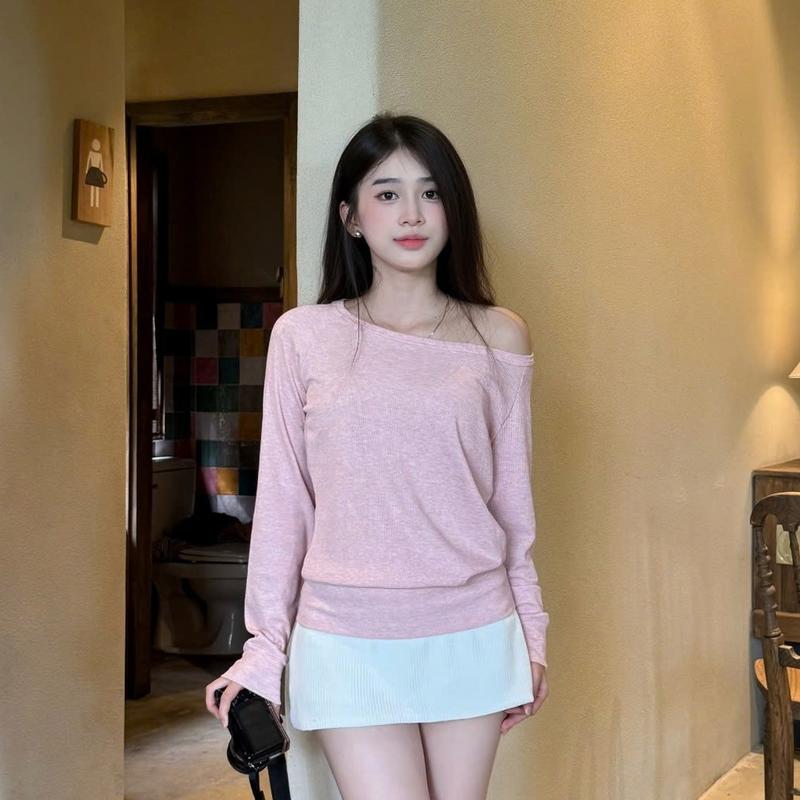 Áo Len Trễ Vai Kiểu Nữ Dáng Lệch Vai Vải Len Tăm Lông Tay Dài Thiết Kế Trơn Basic Mùa Thu Đông Kimee - KA620