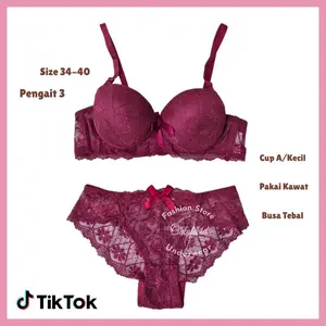 Set Bh  Celana Dalam Wanita Busa Tebal Kawat Cup Kecil Setelan Bra Motif Renda