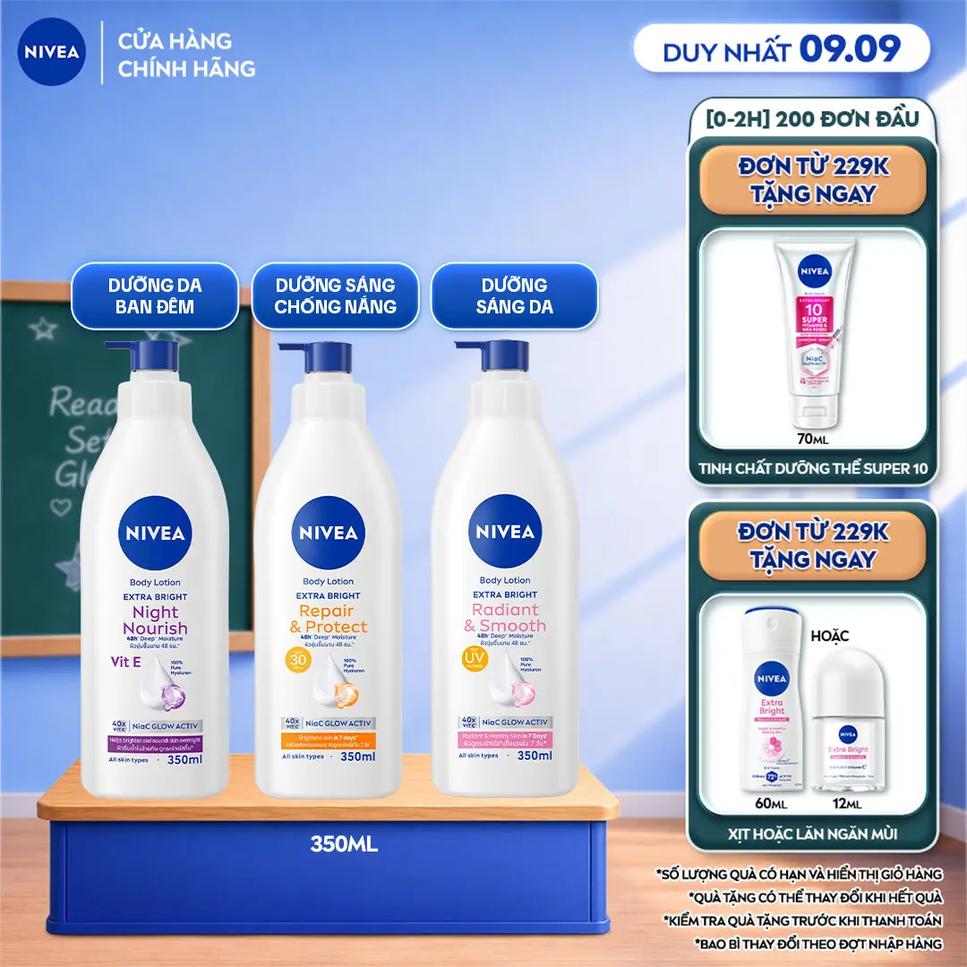 Sữa Dưỡng Thể NIVEA Extra Bright Dưỡng Sáng Mịn Da/Chống Nắng Ban Ngày/Sáng Da Ban Đêm (350ml) - 88311/98413/98412