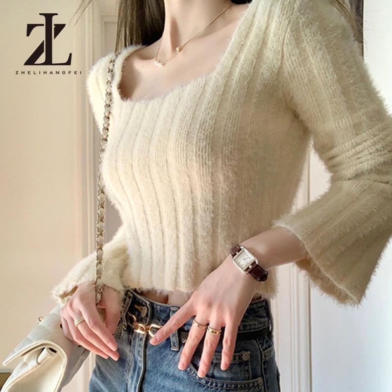  Áo sweater Dệt Kim Cổ Vuông Tay Dài Dáng Ôm Thời Trang Thu Đông Cho Nữ Áo Croptop Áo Len  40-65Kg  