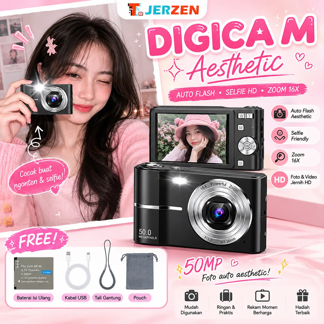 [T-JERZEN M03] Kamera Digital,Fokus Otomatis 50MP FHD 1080P Kamera Anak-Anak dengan Penstabil Zoom 16x,Kamera Ringkas untuk Siswa Anak-Anak, Anak-Anak, Remaja Laki-laki, Kamera Digital Anak-Anak Ringkas dengan Kamera Kartu SD 32GB digicam