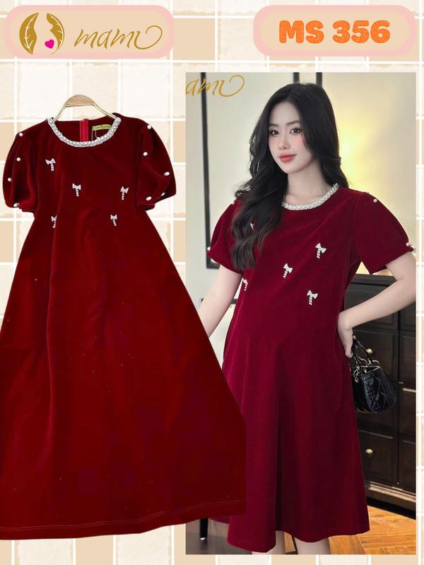   MAMI  MS103 Váy bầu đầm bầu thu đông váy bầu chất liệu nhung váy bầu đầm bầu đỏ đun váy bầu tôn dáng sáng da mùa đông 