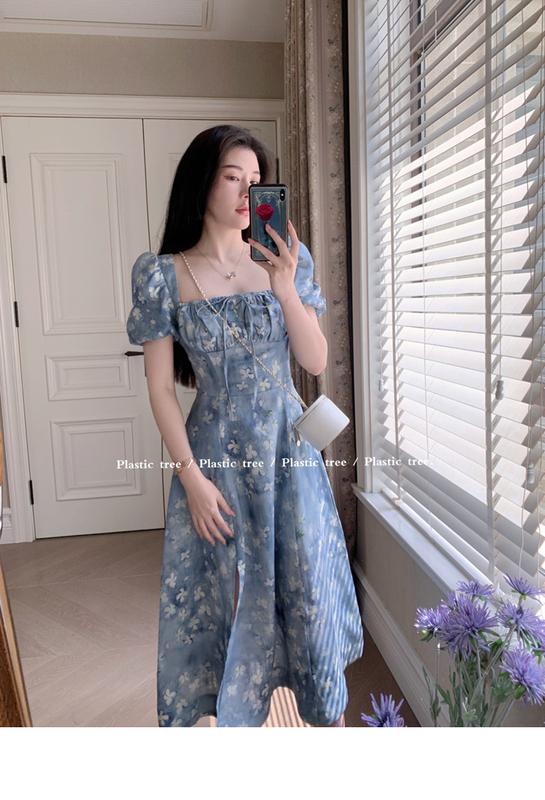 Product Introduction of phụ nữ ăn mặcĐầm Voan Pháp, In Hoa Mùa Hè, Cạp Cao Xẻ Tà, Hàng Mới Về Cho Nữ, Bó Sát Eo, Cổ Vuông, Tay bồng Hoa, Đầm Midi Dress Women 16