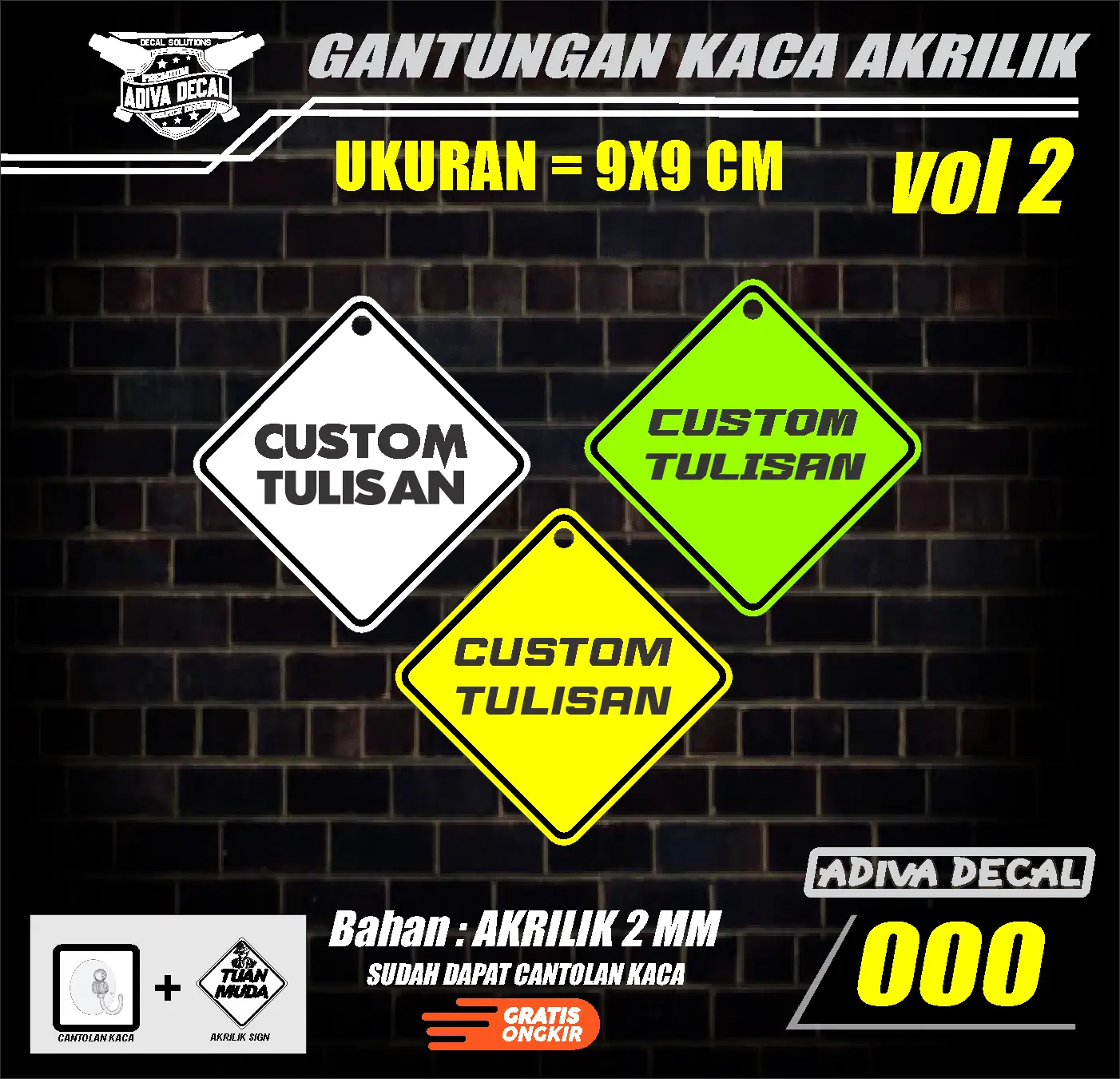 BEBAS CUSTOM TULISAN GANTUNGAN KACA AKRILIK ADIVA DECAL - 000 Acrylic Buah