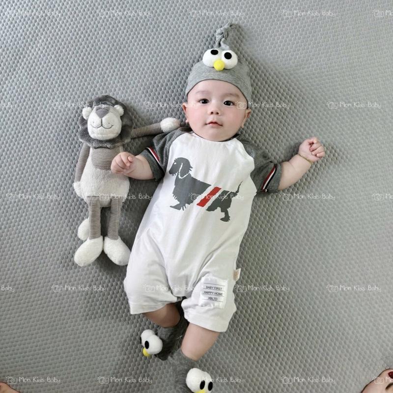 [ Mon Kids Baby ] Body chó xám kèm mũ tất cho bé trai 3-12kg Vải Cotton mặc đầy tháng - đi chơi - thôi nôi - chụp ảnh