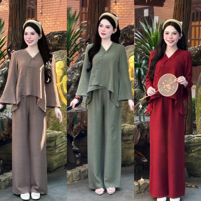 Mijustore M16 Set Bộ Pháp Phục Vạt Chéo Cổ Tim Thiết Kế Cao Cấp Vải Đũi Mềm Mịn Chuẩn Từ Đi Lễ Tết Đi Chùa