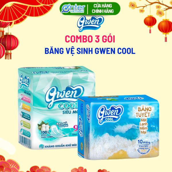 Combo 3 Gói Băng Vệ Sinh Gwen Cool Siêu Mỏng Cánh Mặt Vải Siêu Thấm Băng Vệ Sinh Ban Ngày Bạc Hà Mát Lạnh Khử Mùi Tampon