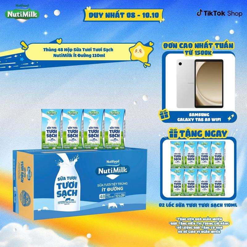 [KV Miền Bắc] Thùng 48 Hộp Sữa Tươi Tươi Sạch NutiMilk Ít Đường 110ml