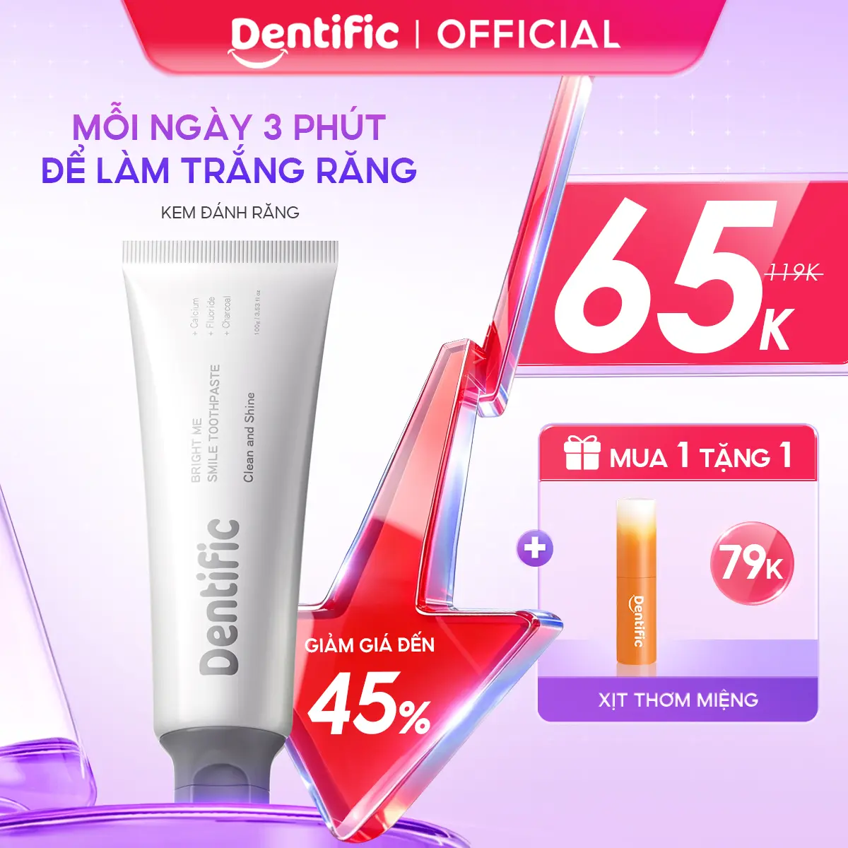 Kem đánh răng hỗ trợ vệ sinh vết bẩn mảng bám Bright Me Smile Charcoal toothpaste Dentific 100g